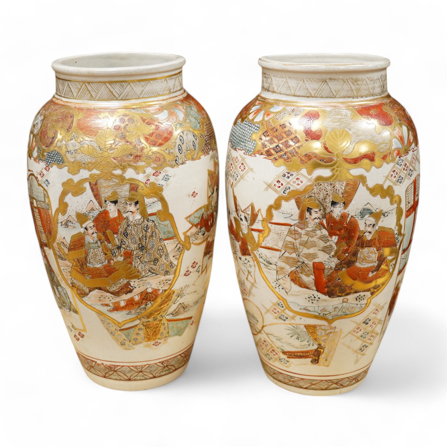 A pair of Japanese Satsuma vases, early 20th century, 33cm high. Condition - slight wear to gilt decoration